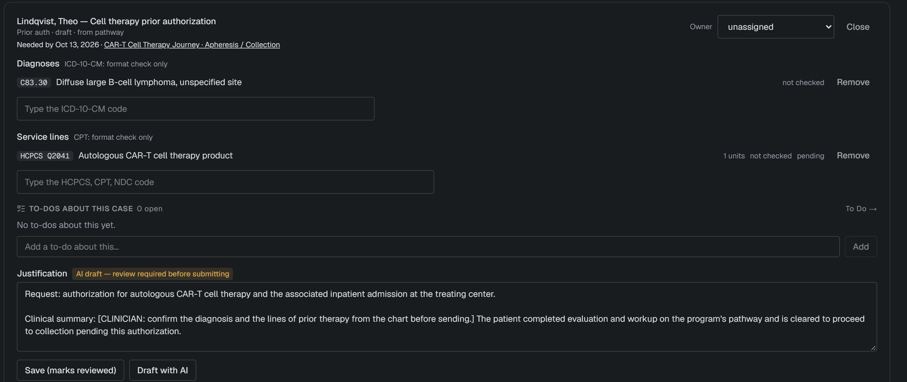 An authorization case: the diagnosis, the requested CAR-T product, and a justification marked as an AI draft that needs review before submitting.